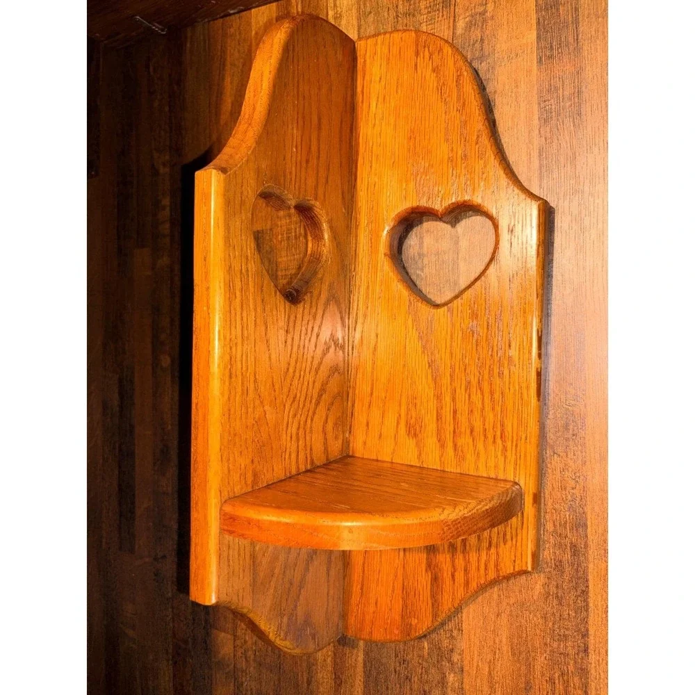 Vintage Oak Wood Corner Shelf Heart Cutouts Rustic Country Farmhouse Wall Decor